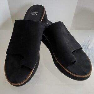 Eileen Fisher black leather sandals with brown trim EUC size 10